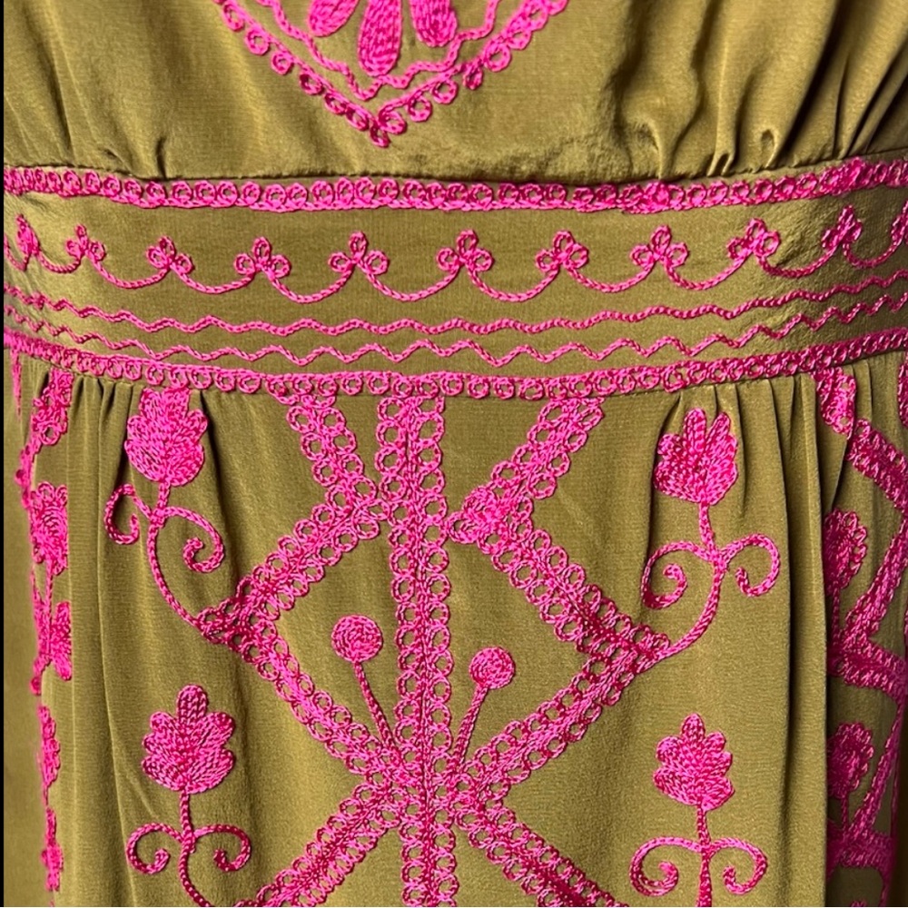 NANETTE LEPORE Dress Embroidered 100% Silk Green Pink Empire Cap Sleeves Sz 0 - Picture 6 of 9